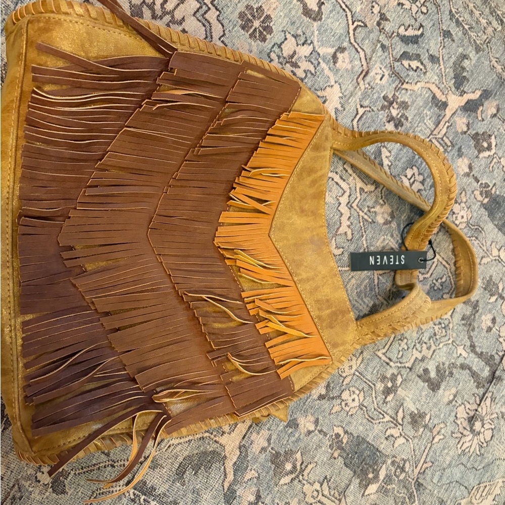 Seven7 Two-Tone Suede Fringe Tote in Mustard and Brown